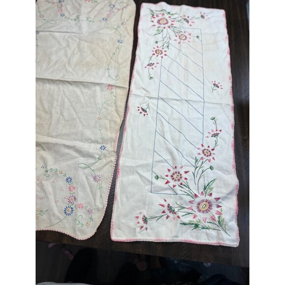 Handmade Vintage Floral Embroidered Linen Table Runners Set 17" x 39" & 16" x 38 - Picture 3 of 7